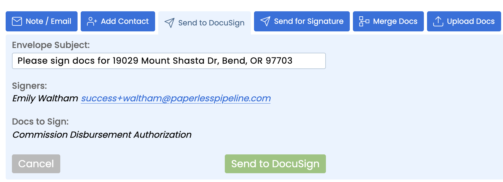 The Send to DocuSign panel inside a Paperless Pipeline transaction