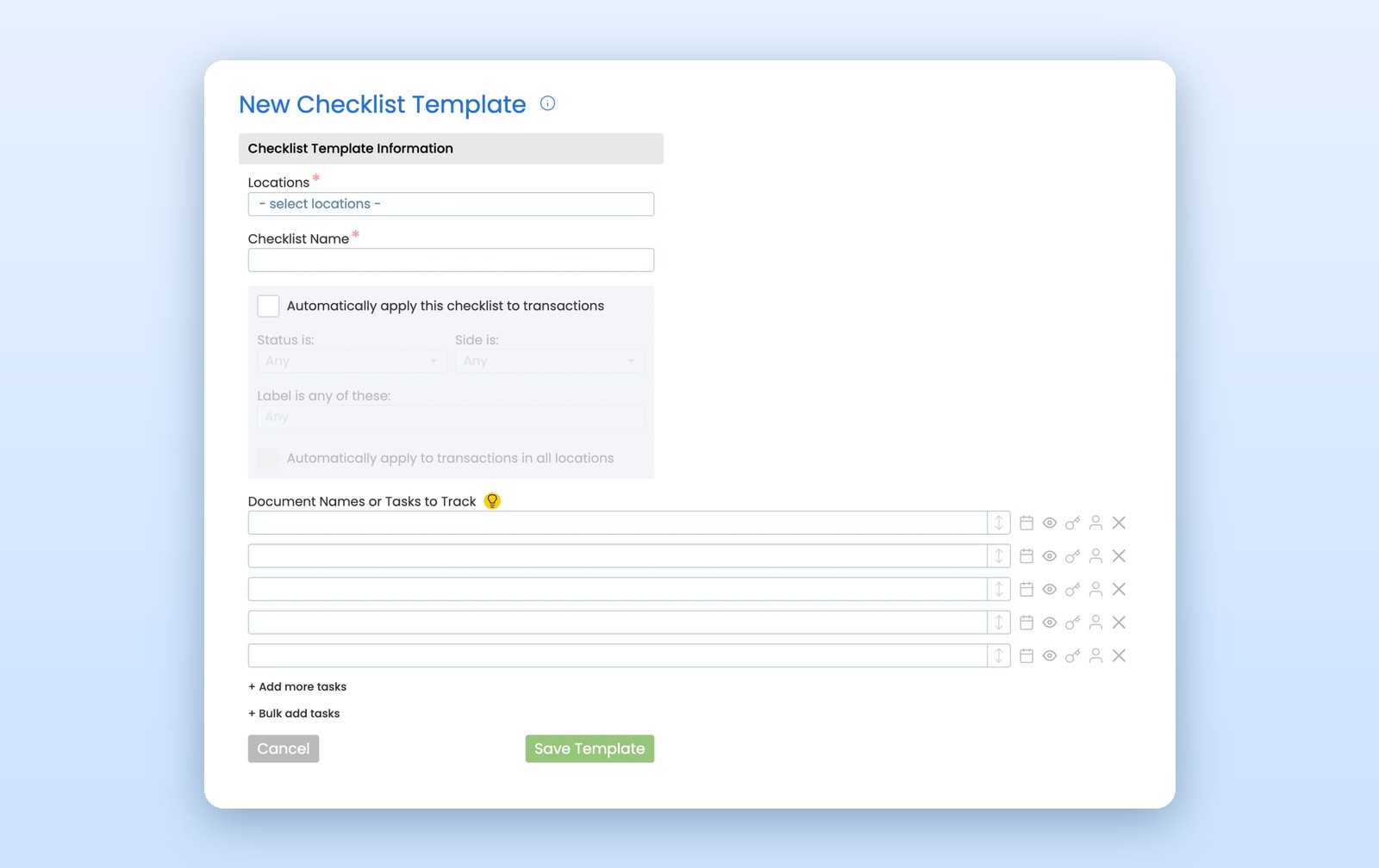 The New Checklist Template screen with the option to automatically apply it to transactions by status, side and label