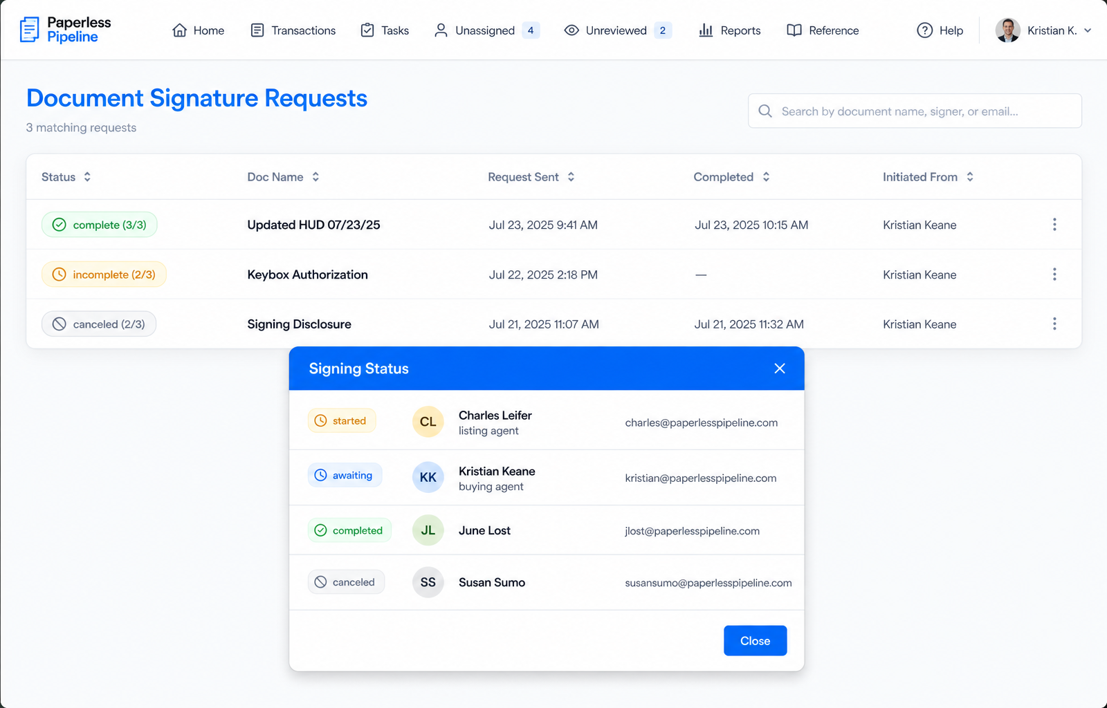 Manage signature requests screen