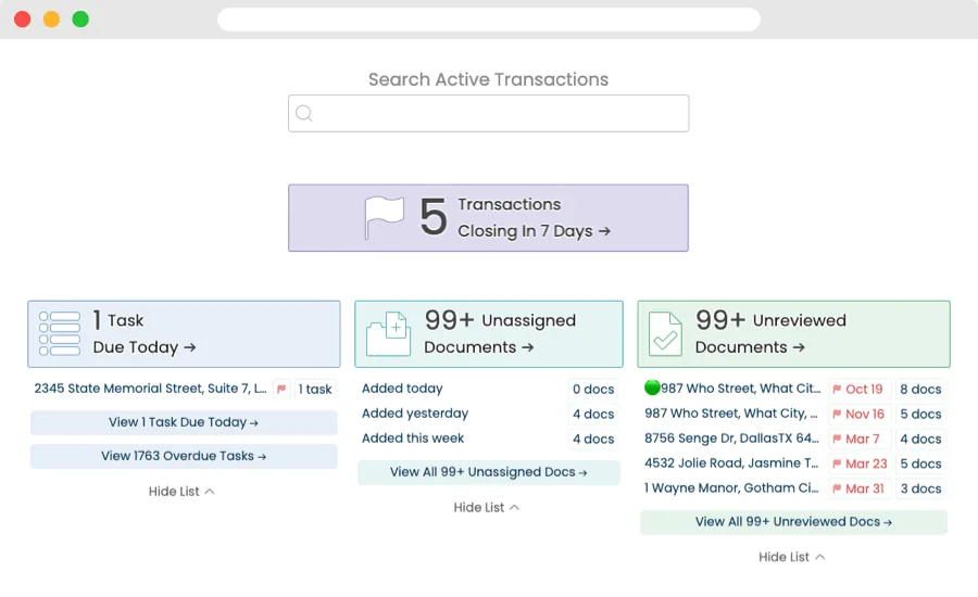 Paperless Pipeline dashboard showing transactions closing in 7 days, tasks due today, unassigned documents, and unreviewed documents