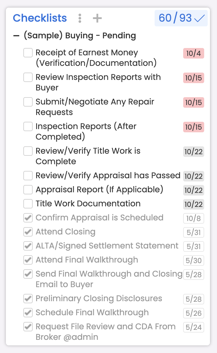 A sample buying checklist in Paperless Pipeline with open and completed tasks and their due dates