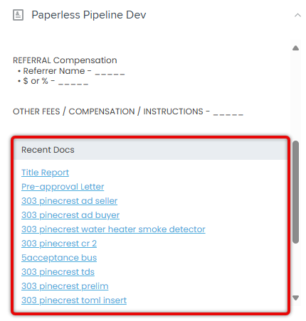 Recent Docs list with clickable filenames like title report, pre-approval, disclosures