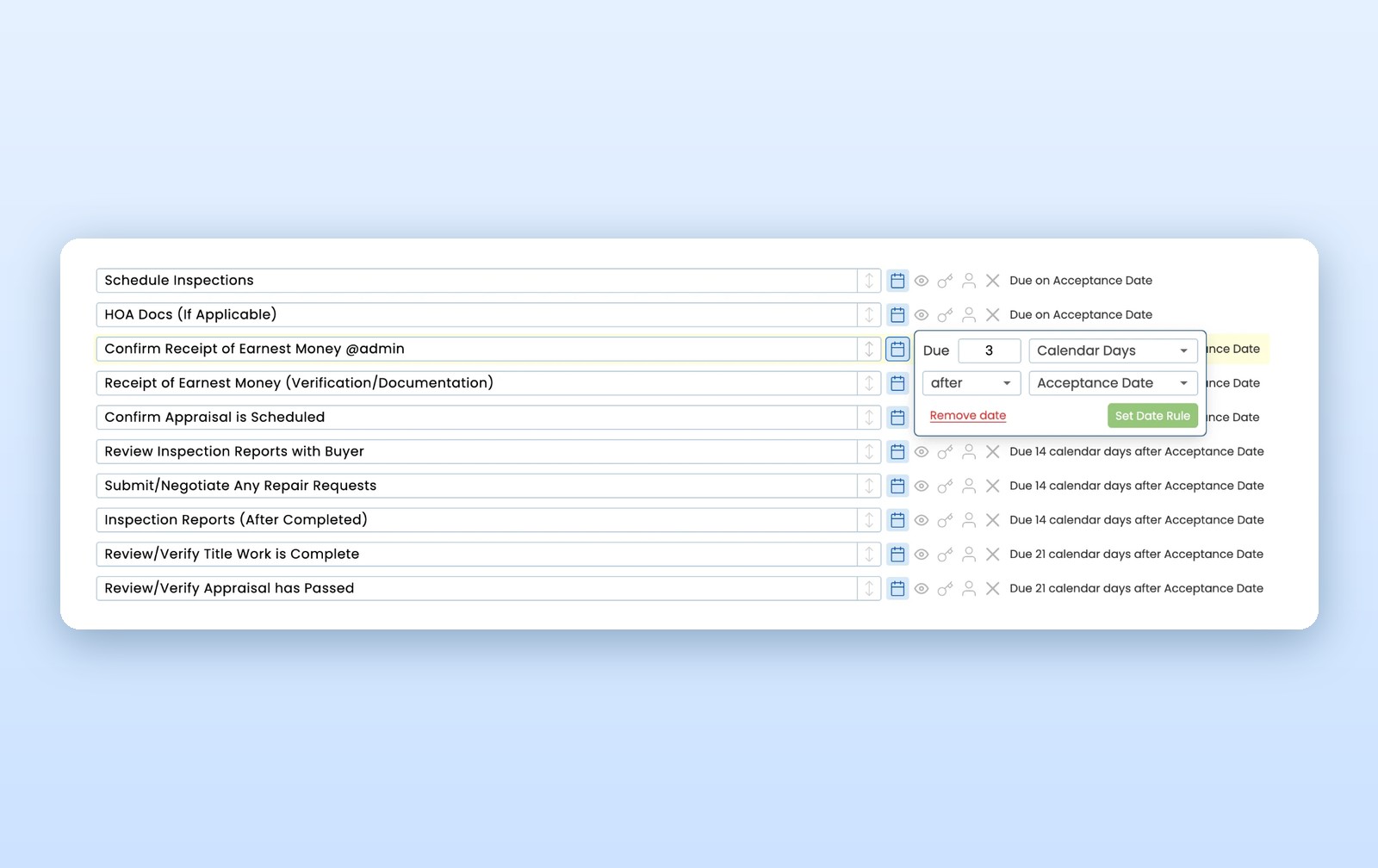 Checklist template tasks with due-date rules set from the acceptance date