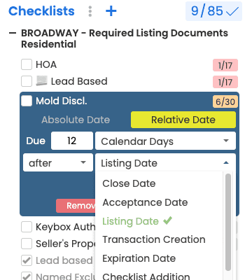 Due date rules in a checklist