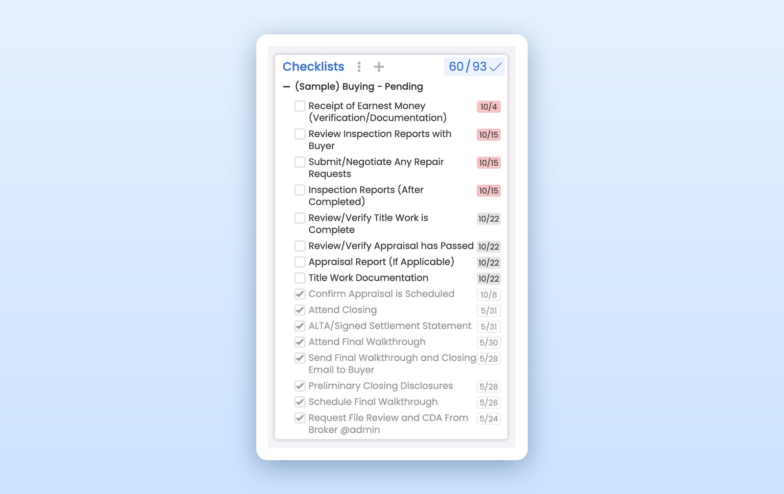 A sample buying checklist with open and completed tasks and their due dates