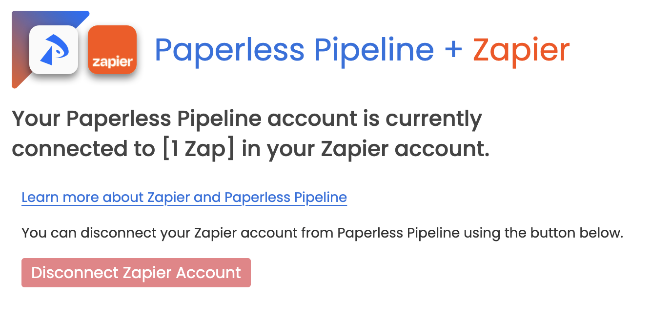 Paperless Pipeline Zapier connection screen showing an active Zap with a disconnect option