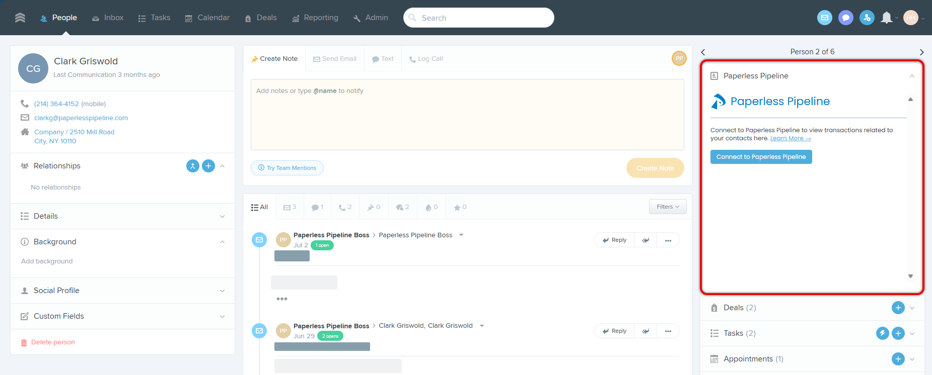 Paperless Pipeline panel embedded in the Follow Up Boss lead profile sidebar