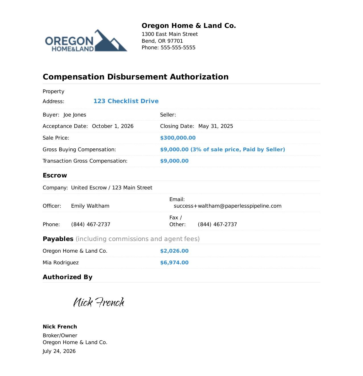 Sample Compensation Disbursement Authorization generated by Paperless Pipeline, showing brokerage header, property and transaction details, escrow contact, payables, and the authorized signature