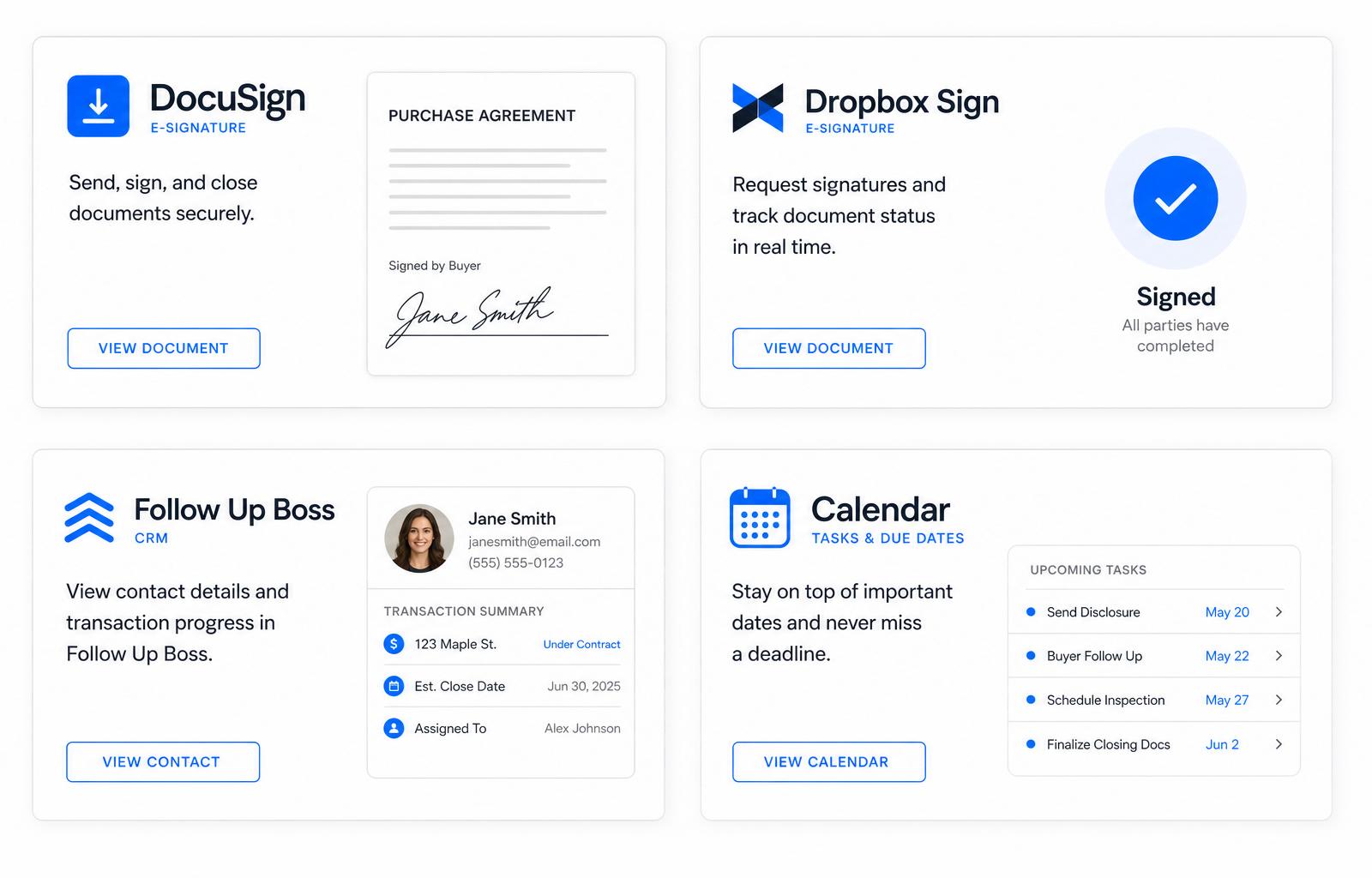 Native integration cards: DocuSign, Dropbox Sign, Follow Up Boss and Calendar