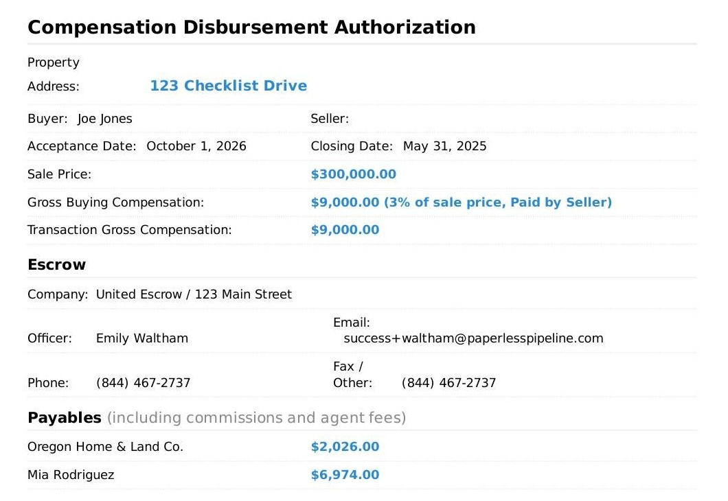 Commission disbursement authorization generated from a transaction, showing gross compensation and payables