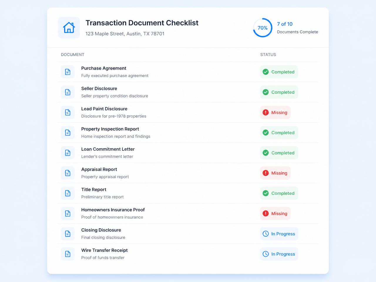 Required-document checklist with missing files flagged for review