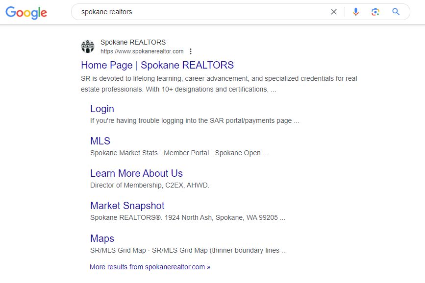 Google search results for the keyword Spokane realtors