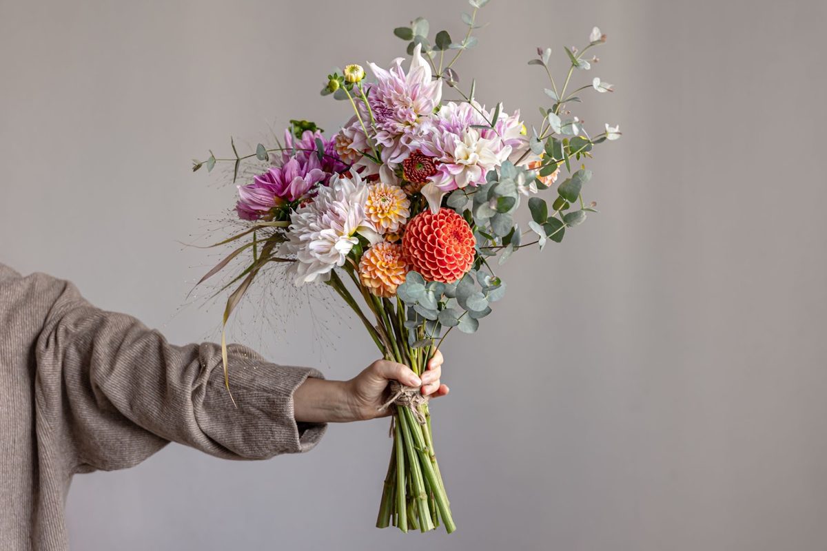 Woman holding a festive bouquet of bright chrysanthemum flowers