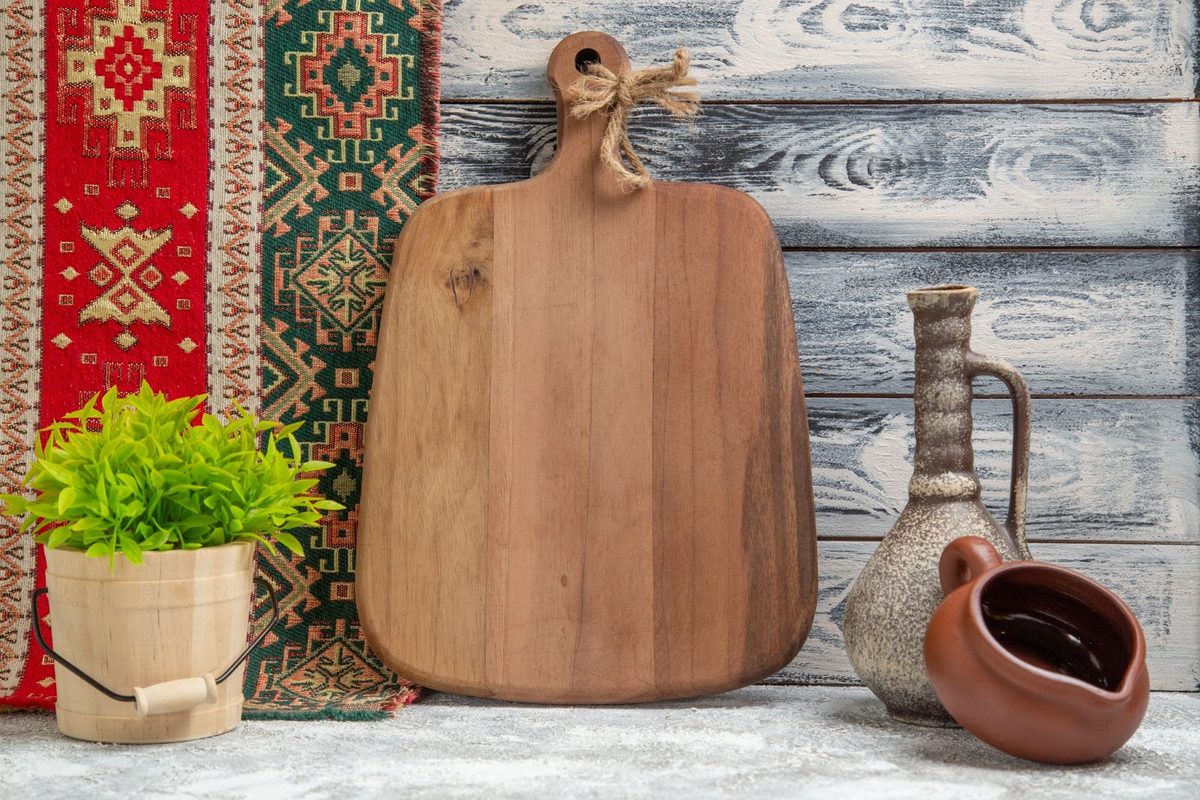 Brown wooden board on a kitchen surface