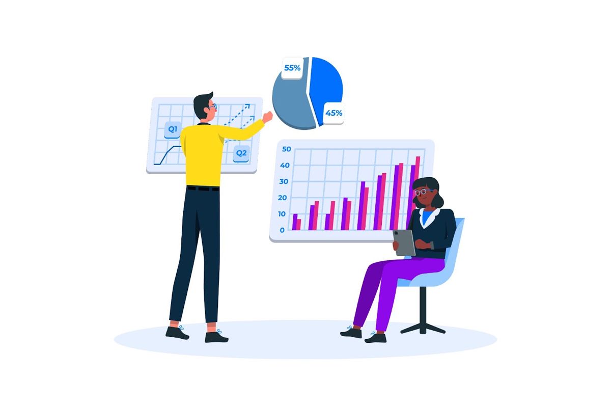 Illustration of a broker reviewing real estate performance reports