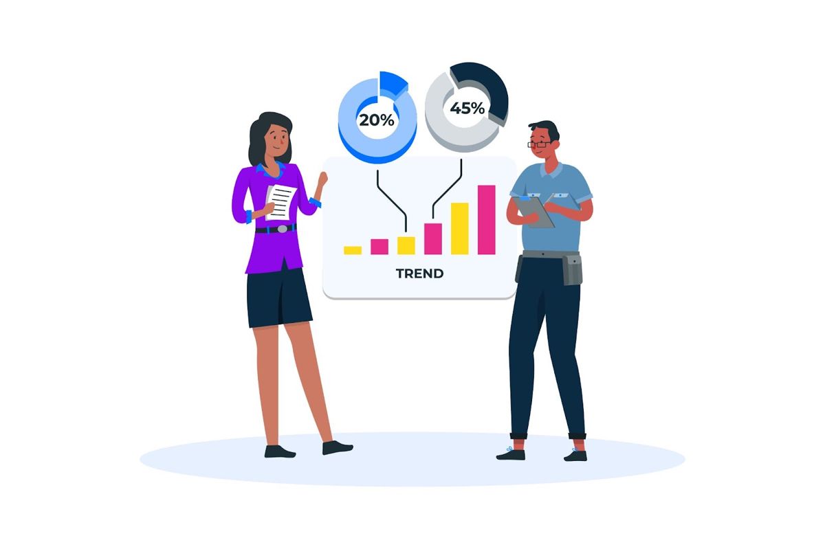 Illustration of office workers analyzing and researching business data