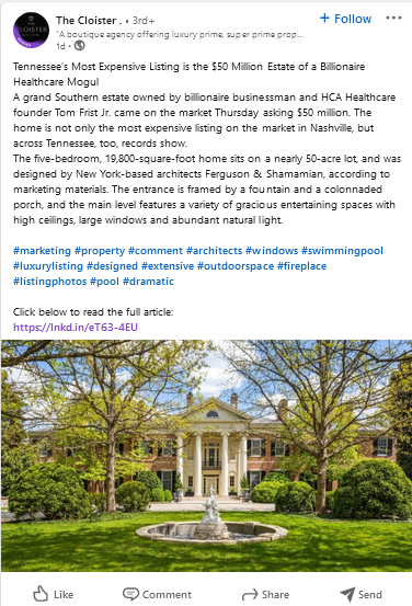 The Cloister LinkedIn post highlighting property features with hashtags