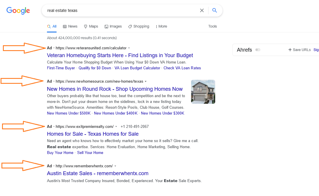 Example of PPC ads in Google search results