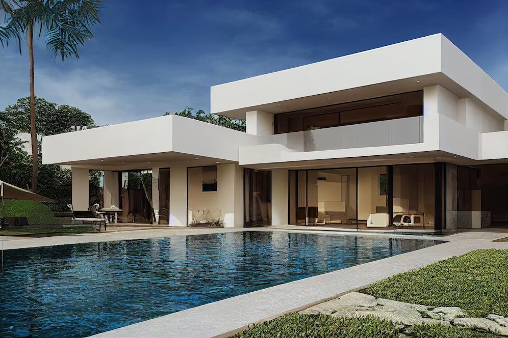Luxury pool villa with contemporary design at dusk