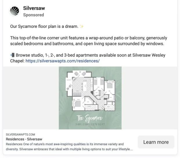 Facebook ad from Silversaw promoting an apartment floorplan