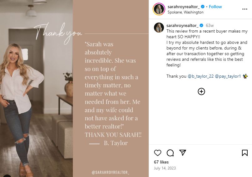 Client testimonial post shared on Instagram by Realtor Sarah Roy