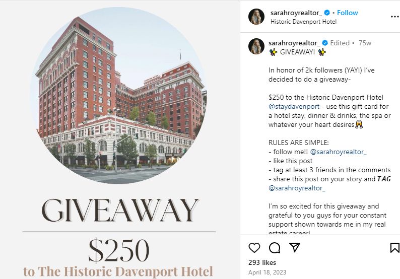 Instagram giveaway contest post by Sarah Roy offering a $250 hotel gift card