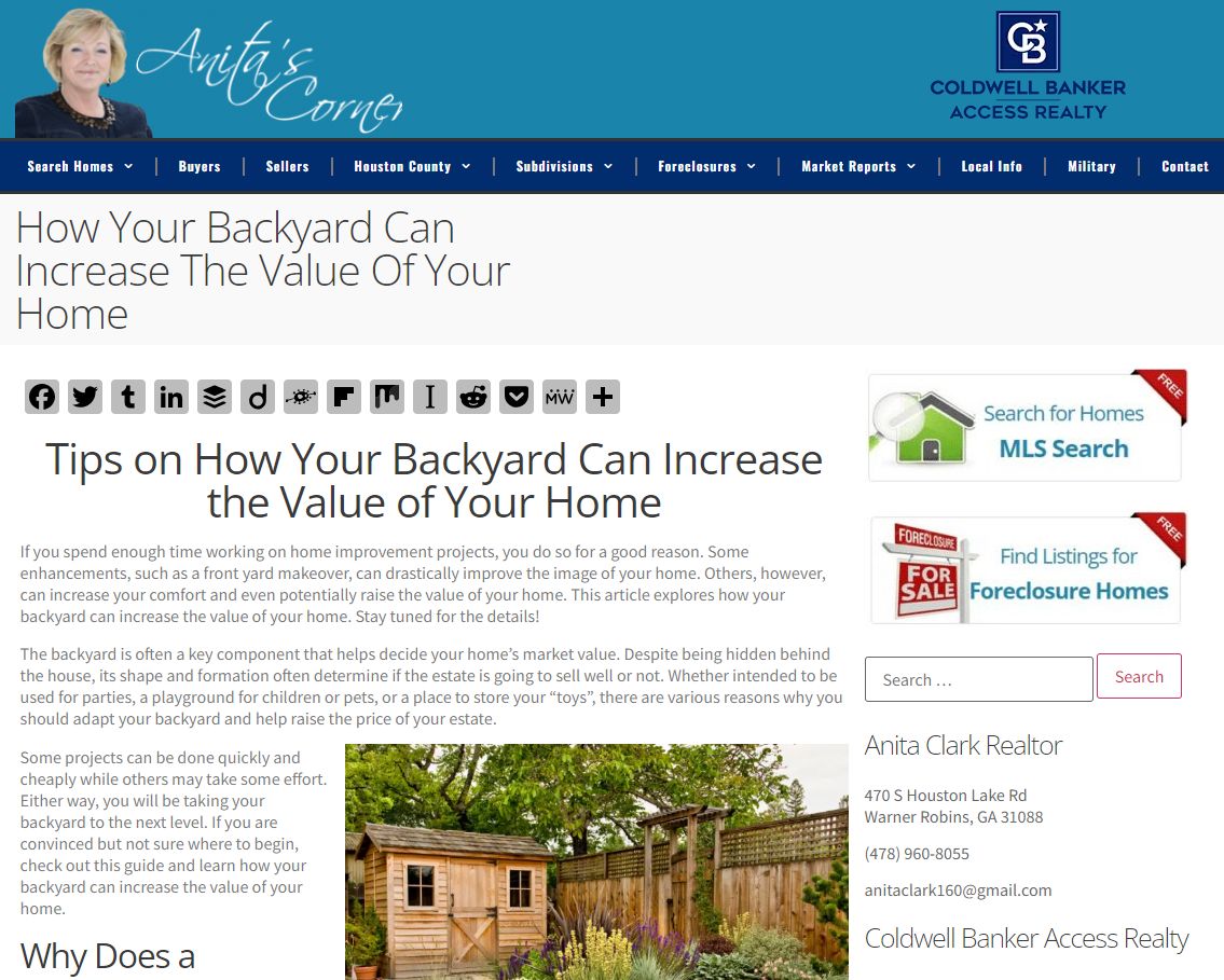 Blog post from Anita's Corner about how a backyard can increase home value