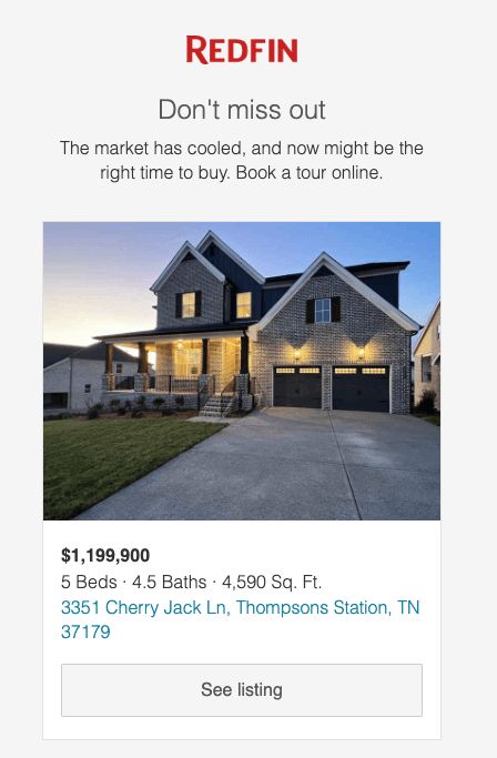 Redfin real estate marketing email showcasing a local listing with a clear call to action