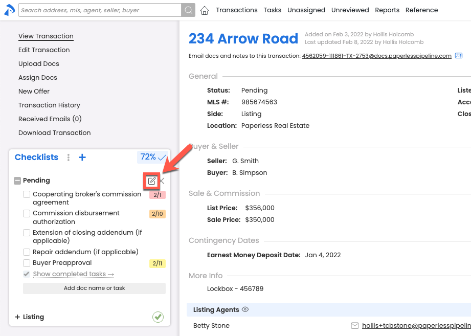 Custom checklist for tracking real estate transaction tasks