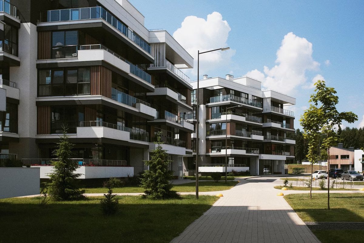 Illustrated landscape of a city with residential buildings