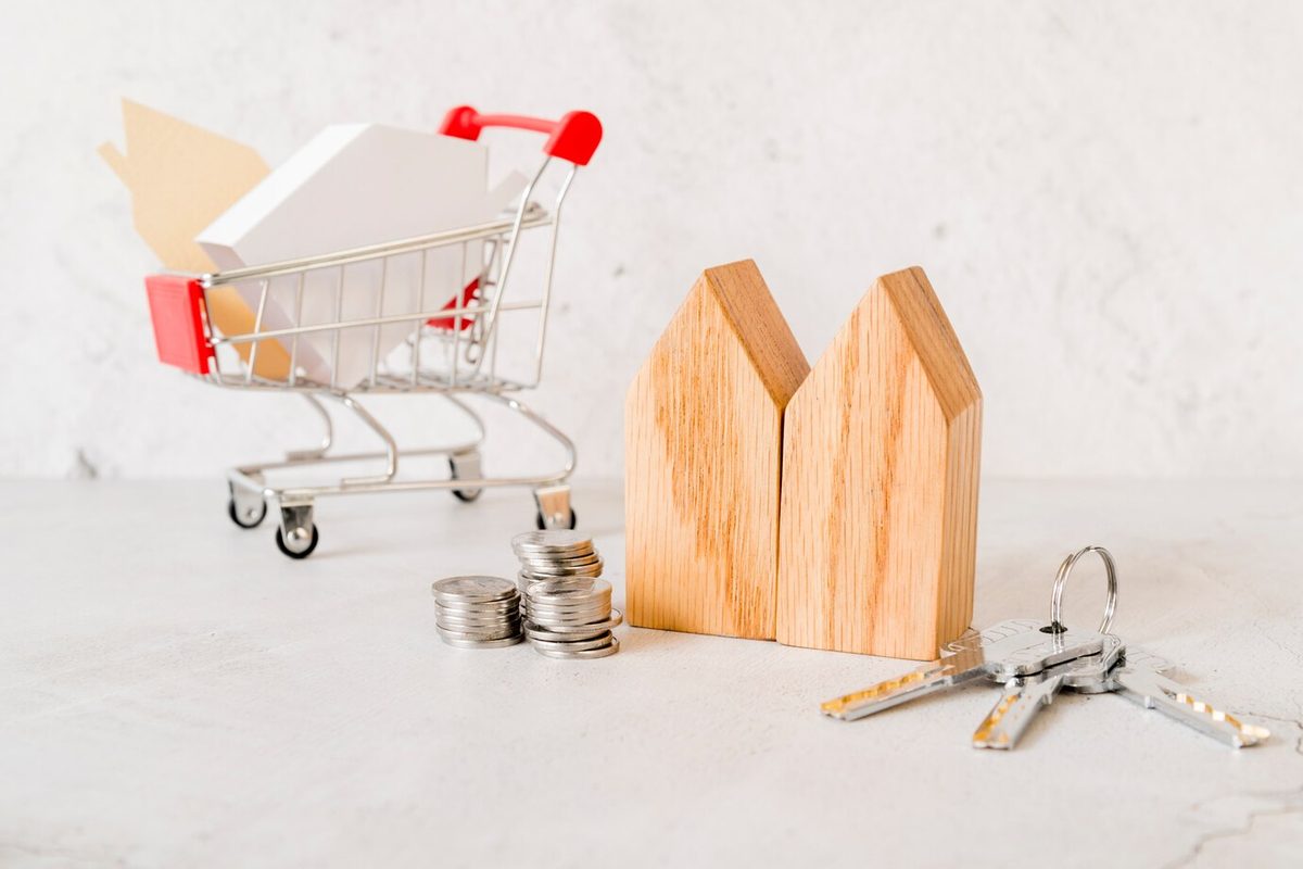 Wooden house blocks, a stack of coins, keys, and a small shopping cart