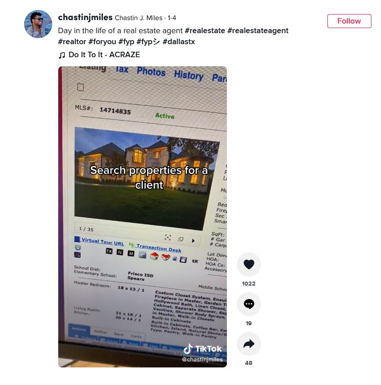 Day in the life TikTok video from real estate agent Chastin J. Miles