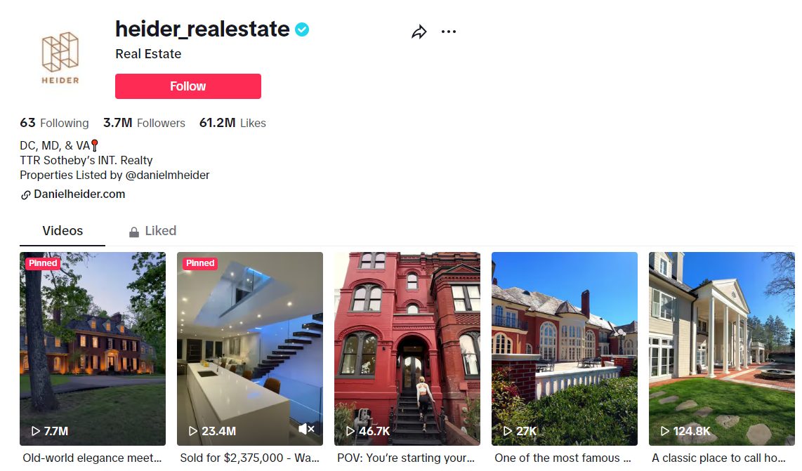 Heider Real Estate TikTok profile featuring luxury home tours