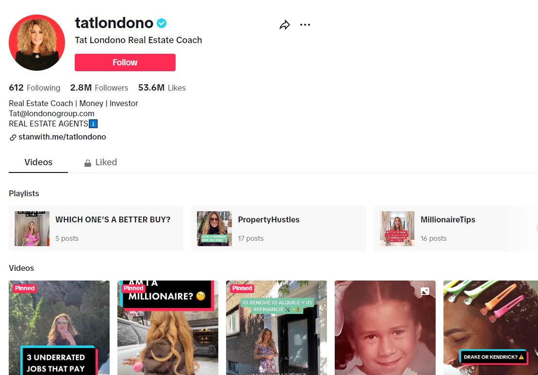 Tat Londono TikTok profile with educational real estate videos