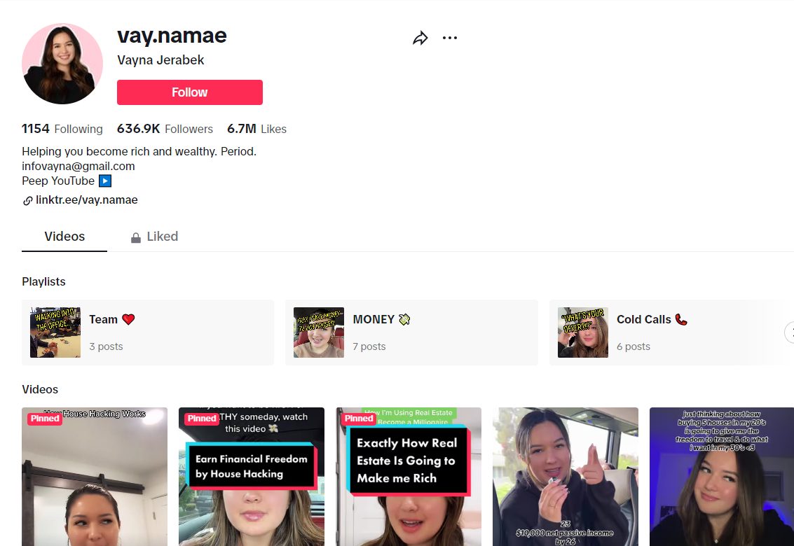 Vayna Jerabek TikTok profile mixing real estate tips and lifestyle videos