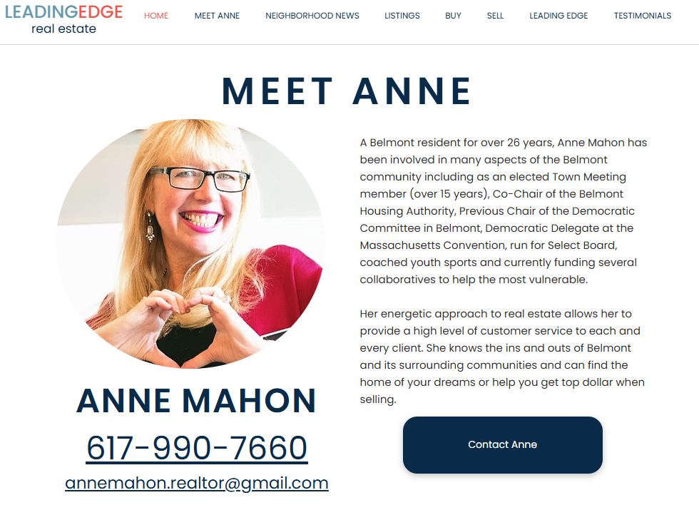 Contact call-to-action on real estate agent Anne Mahon's website