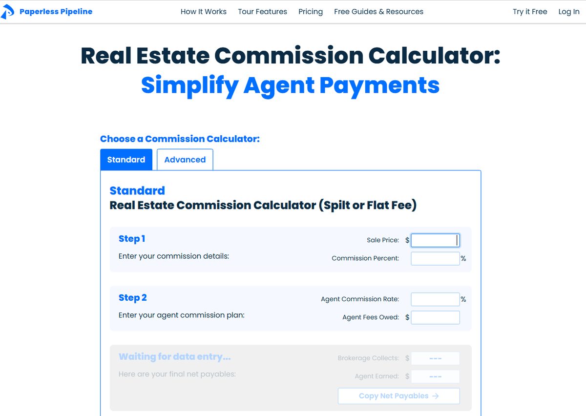 Paperless Pipeline real estate commission calculator