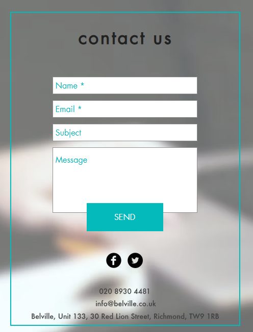 Social media buttons under the contact form on the Belville website