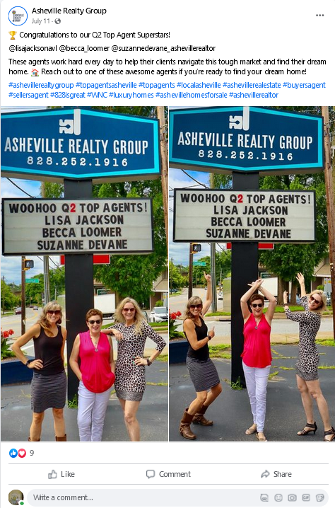 Asheville Realty Group Facebook post celebrating agents
