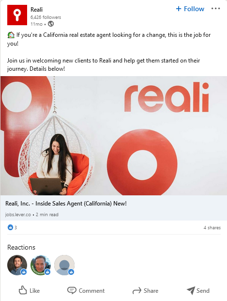 Reali LinkedIn job post for agents