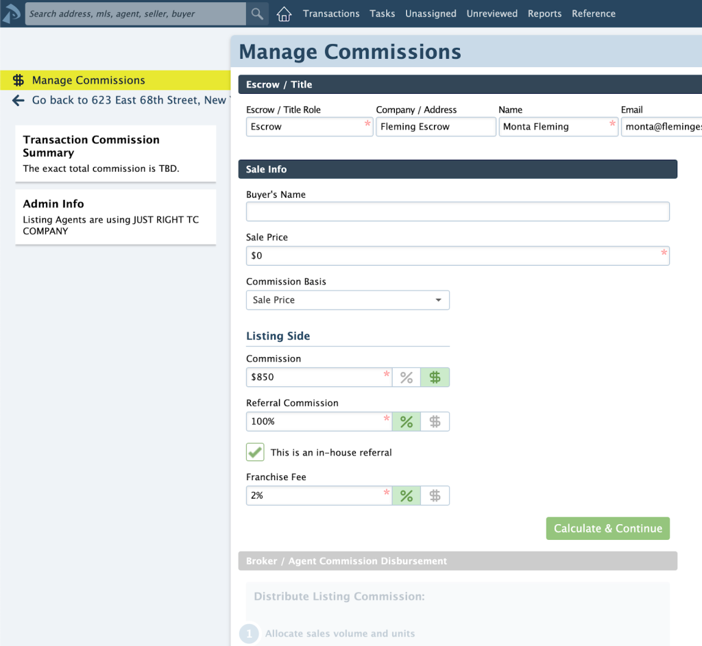 Paperless Pipeline Commission Module showing a referral fee deduction