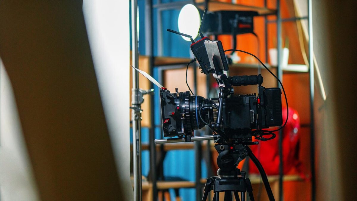 Professional camera mounted on a tripod