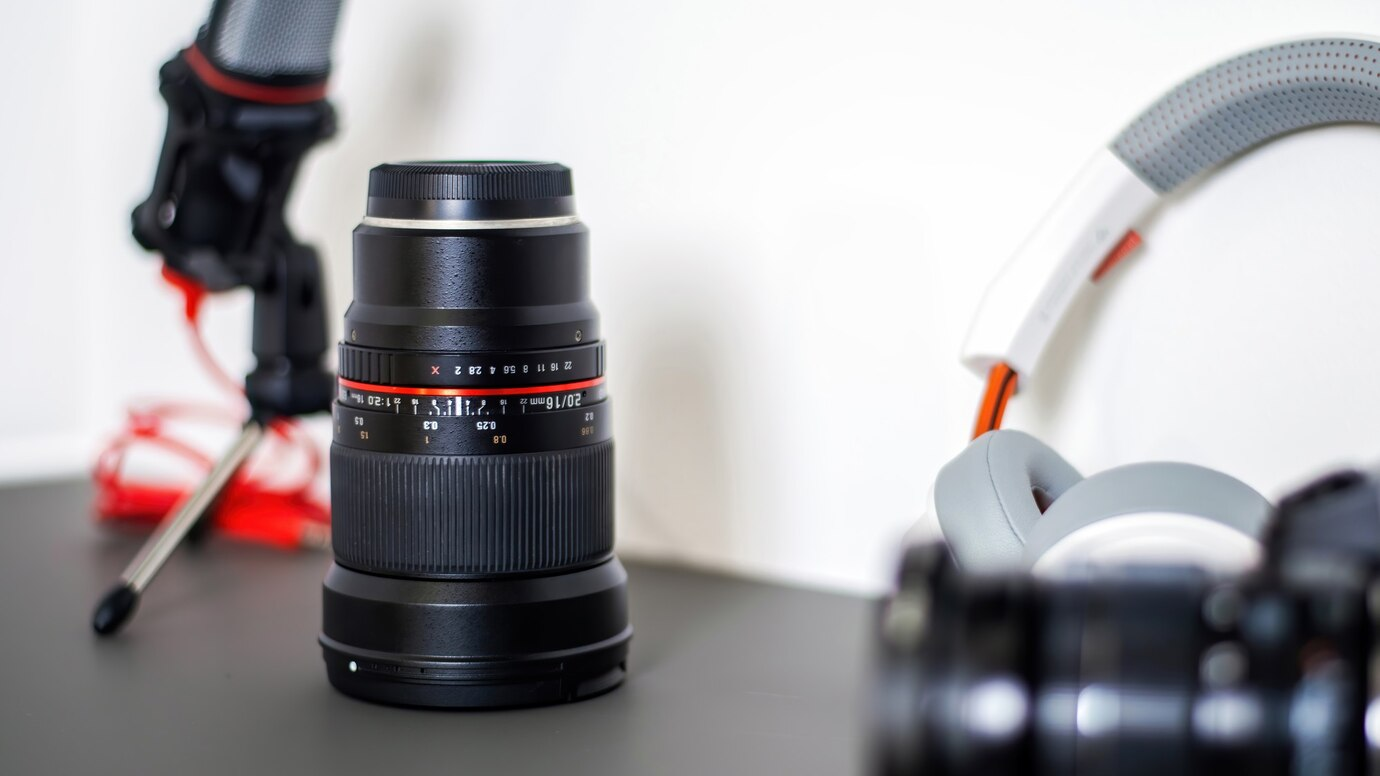 Camera microphone and headphones content creator setup