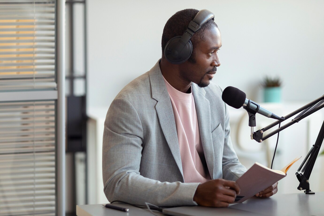 Man being interviewed for podcast voice-over